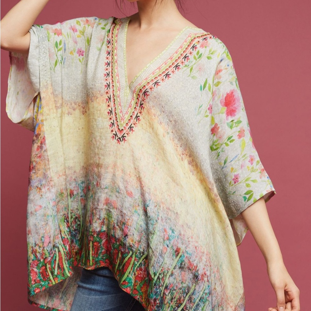 Anthropologie Blank London Beaded Floral V-Neck Tunic 100% Linen NWOT